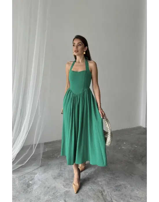 Yeşil Boyundan Bağlamalı Keten Elbise