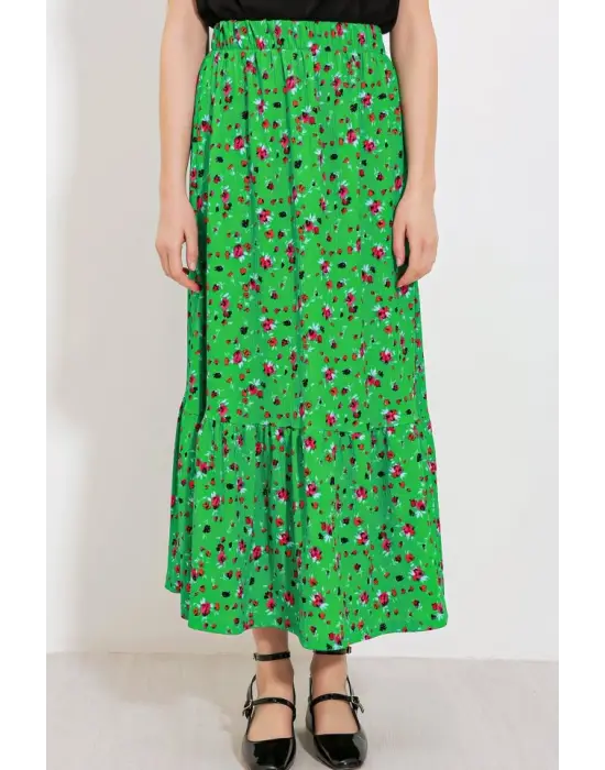 Yeşil Çiçek Desenli Uzun Örme Etek 1886
