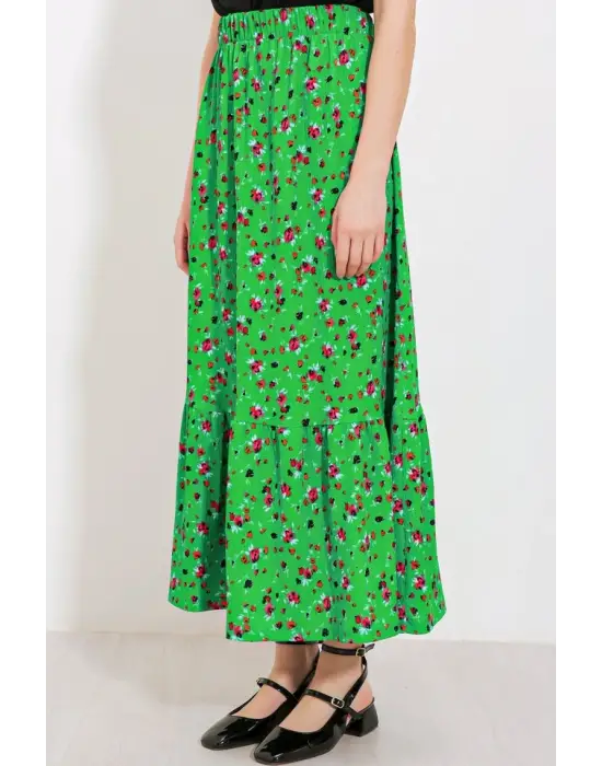 Yeşil Çiçek Desenli Uzun Örme Etek 1886