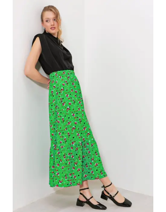 Yeşil Çiçek Desenli Uzun Örme Etek 1886
