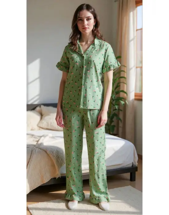 Yeşil Çiçekli Yaz Esintili Pijama Takımı 7345