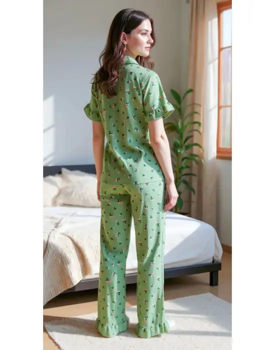 Yeşil Çiçekli Yaz Esintili Pijama Takımı 7345