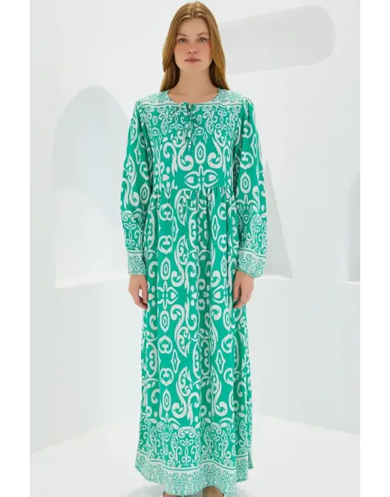 Yeşil Ekru Desenli Uzun Viskon Elbise 1947