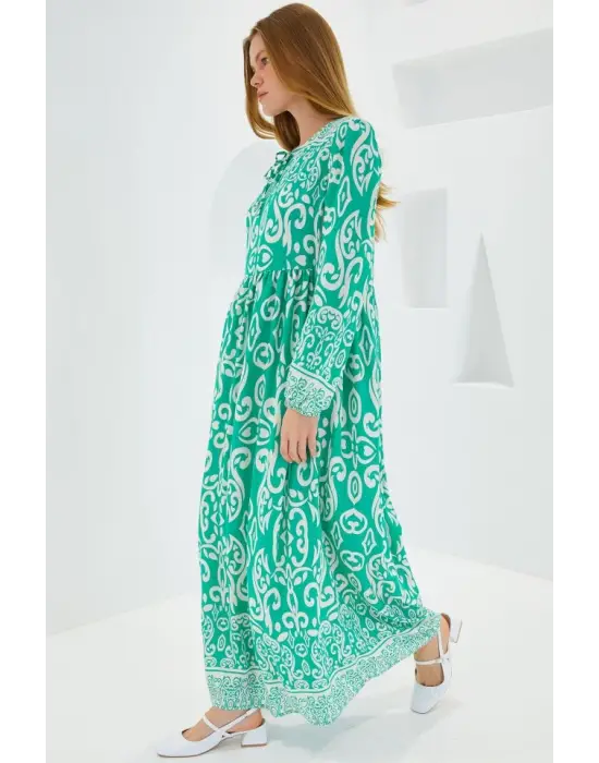 Yeşil Ekru Desenli Uzun Viskon Elbise 1947