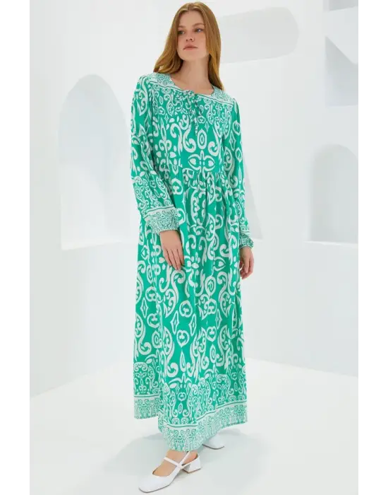 Yeşil Ekru Desenli Uzun Viskon Elbise 1947