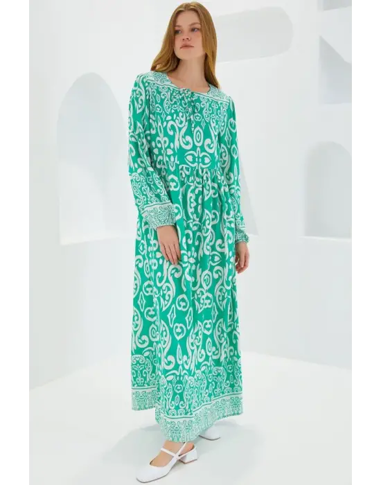 Yeşil Ekru Desenli Uzun Viskon Elbise 1947