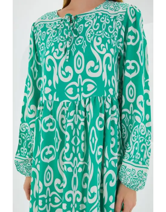 Yeşil Ekru Desenli Uzun Viskon Elbise 1947