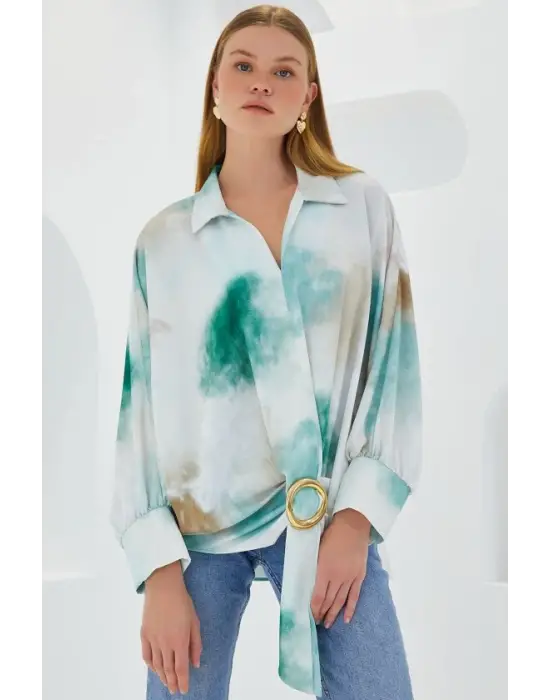 Yeşil Ekru Oversize Dökümlü Saten Gömlek 907