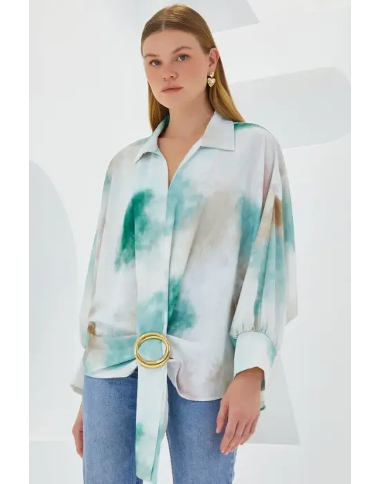 Yeşil Ekru Oversize Dökümlü Saten Gömlek 907