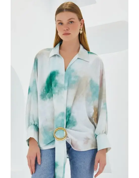 Yeşil Ekru Oversize Dökümlü Saten Gömlek 907