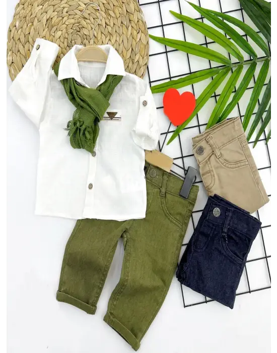 Omarı Pamuk Keten Erkek Bebek Takımı Yeşil