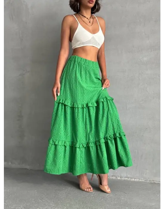 Omarı Yeşil Fırfırlı Astarlı Uzun Etek