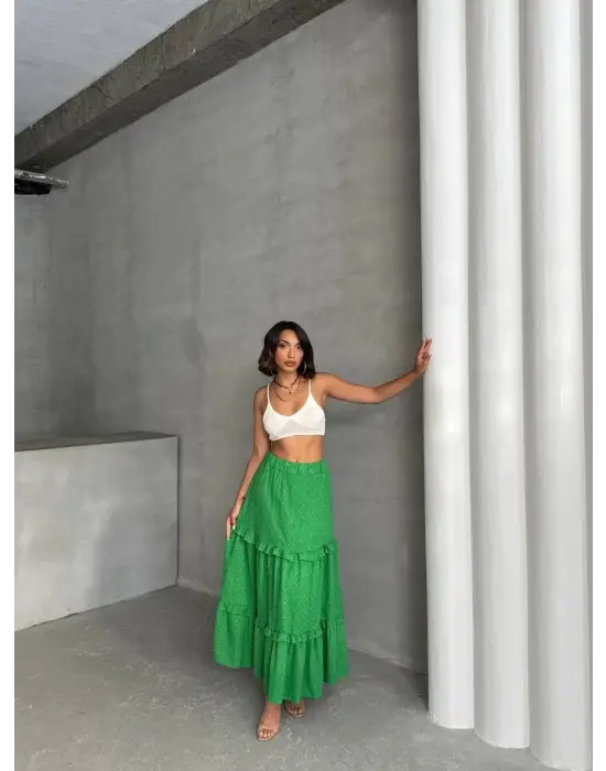 Omarı Yeşil Fırfırlı Astarlı Uzun Etek
