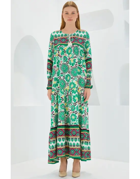 Yeşil Kırmızı Desenli Uzun Viskon Elbise 1947