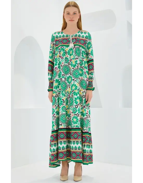 Yeşil Kırmızı Desenli Uzun Viskon Elbise 1947