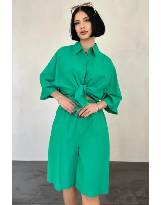 Yeşil Kısa Kollu Keten Gömlek Ve Şort Takım