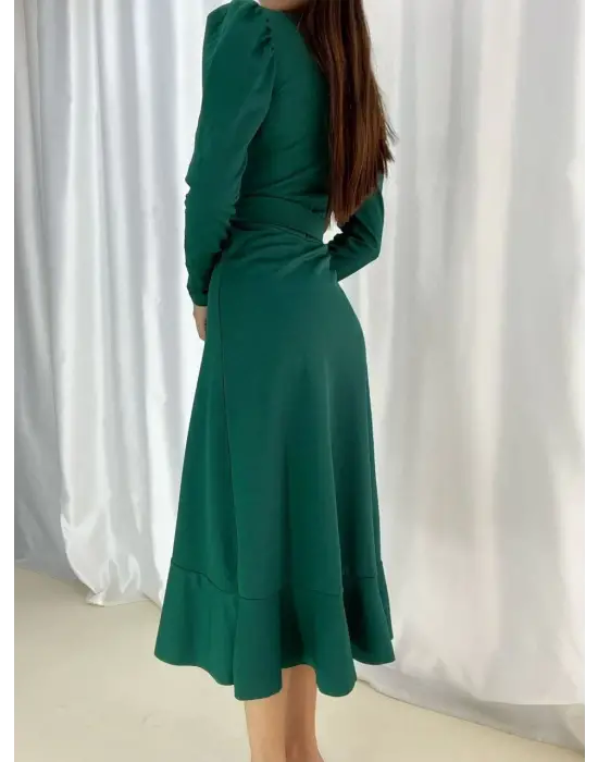 Omarı Yeşil Krep Kumaş Midi Boy Elbise