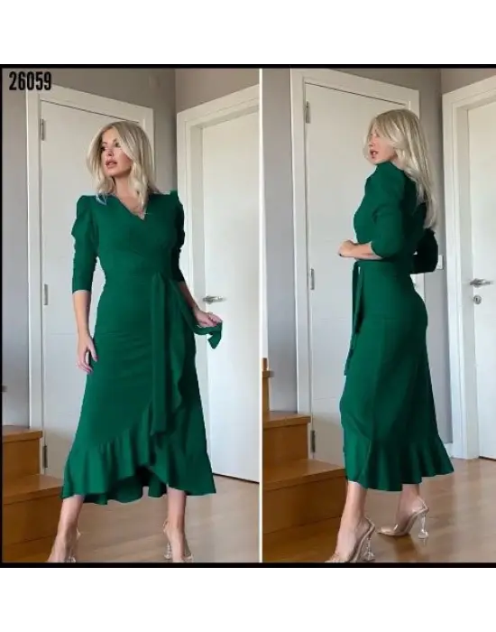 Omarı Yeşil Krep Kumaş Midi Boy Elbise