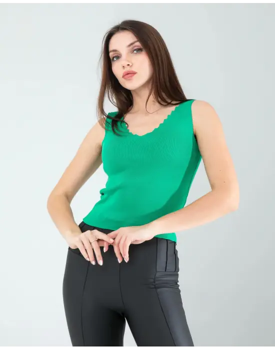 Omarı Yeşil Kalın Askı Crop Bluz