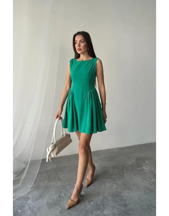 Yeşil Mini Boy Büzgülü Keten Elbise