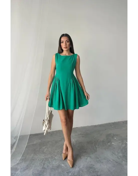 Yeşil Mini Boy Büzgülü Keten Elbise