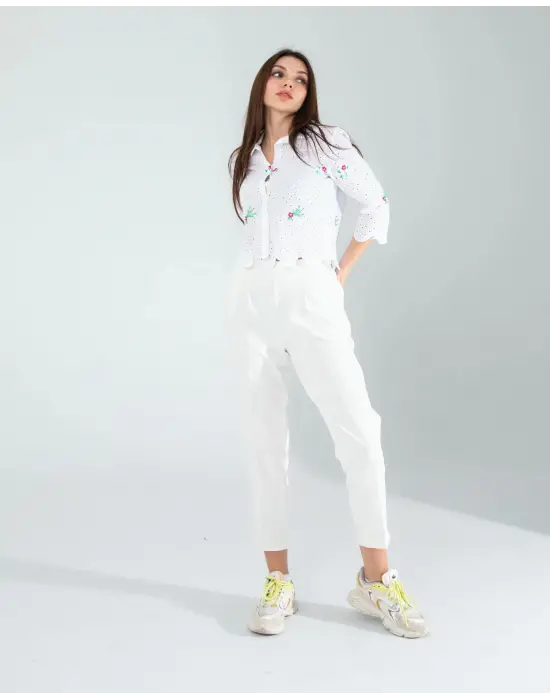 Omarı Modern Tasarımlı Yeşil Nakışlı Gömlek