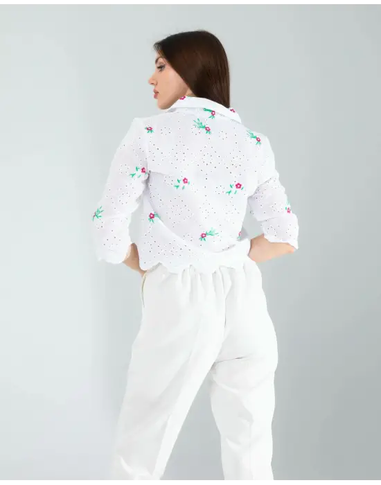 Omarı Modern Tasarımlı Yeşil Nakışlı Gömlek