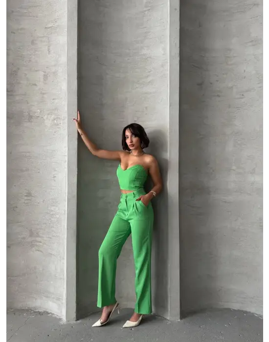 Omarı Yeşil Palazzo Pantolonlu Alt Üst Takım