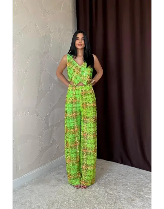 Yeşil Pullu Yelek Ve Pantolon Takım