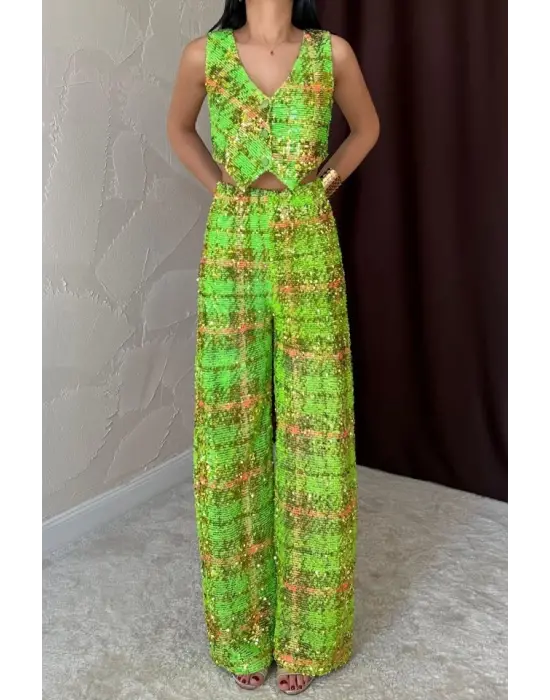 Yeşil Pullu Yelek Ve Pantolon Takım