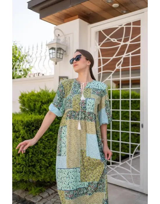 Omarı Yırtmaç Detaylı Salaş Yeşil Elbise