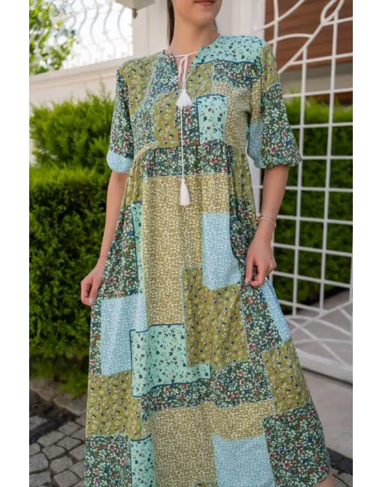 Omarı Yırtmaç Detaylı Salaş Yeşil Elbise