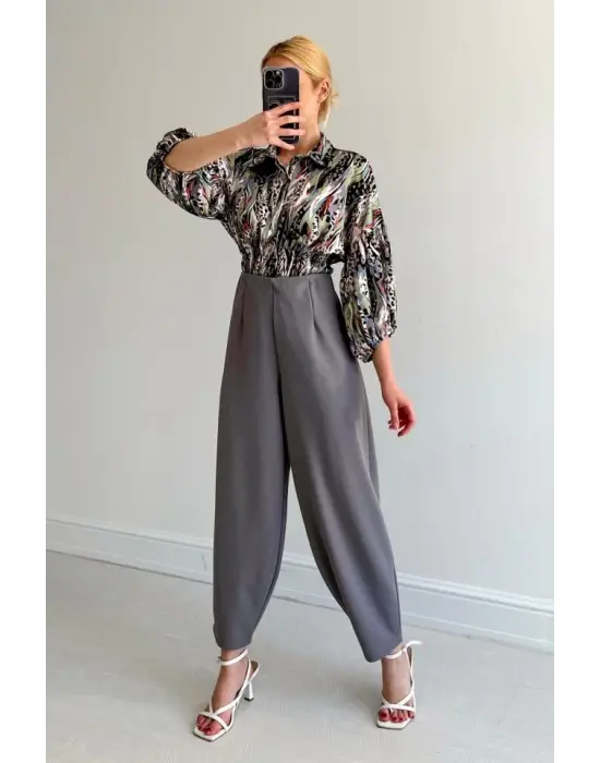 Omarı Saten Gömlek - Yeşil, Beli Lastikli ve Şık