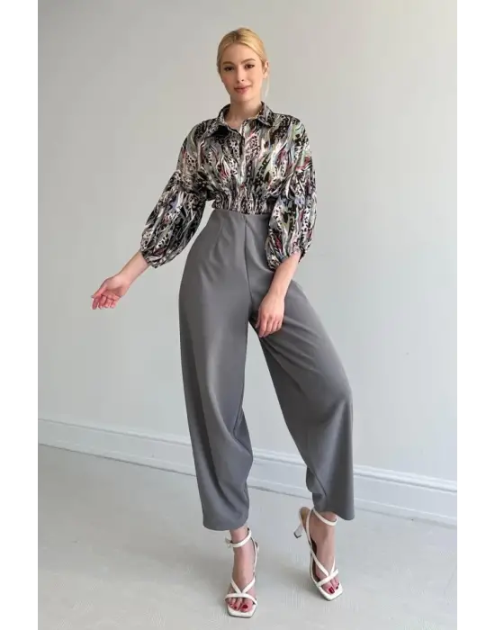 Omarı Saten Gömlek - Yeşil, Beli Lastikli ve Şık