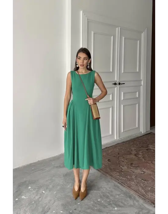 Omarı Büzgülü Midi Boy Yeşil Keten Elbise