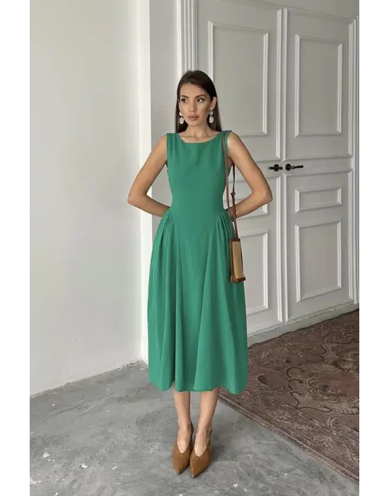 Yeşil Yanları Büzgülü Midi Boy Keten Elbise