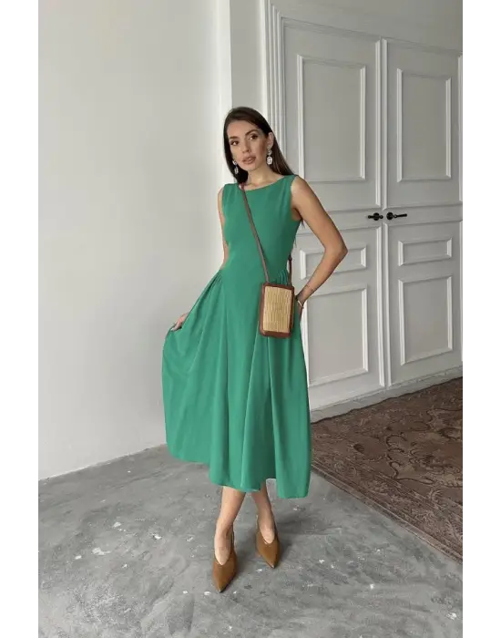 Omarı Büzgülü Midi Boy Yeşil Keten Elbise
