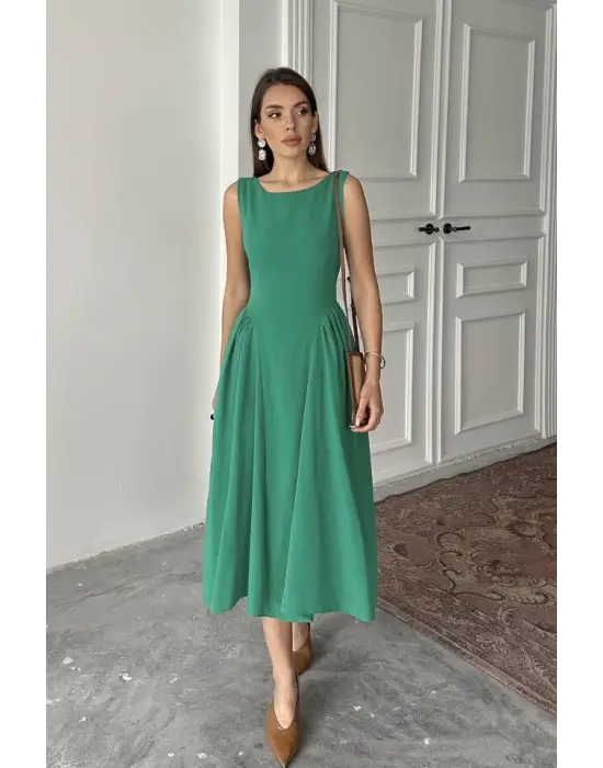 Yeşil Yanları Büzgülü Midi Boy Keten Elbise