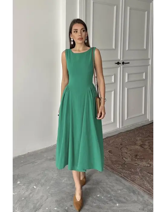 Omarı Büzgülü Midi Boy Yeşil Keten Elbise