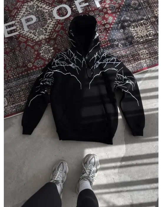 Yıldırım Baskılı Kapşonlu SweatShirt - Siyah