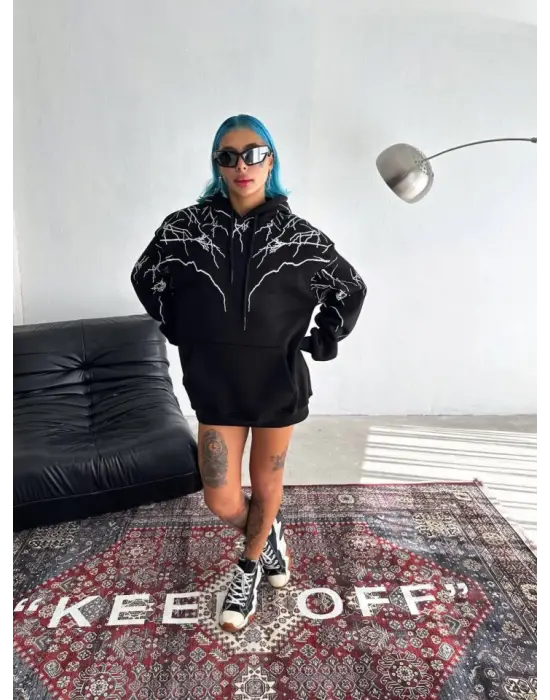 Yıldırım Baskılı Kapşonlu SweatShirt - Siyah