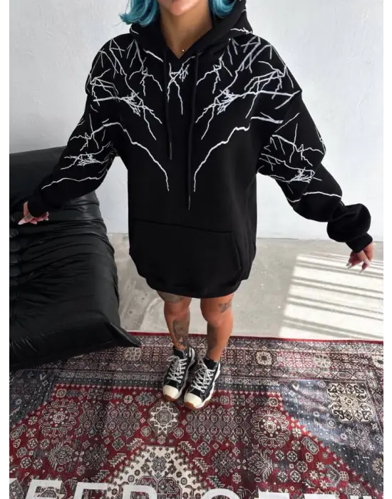 Yıldırım Baskılı Kapşonlu SweatShirt - Siyah