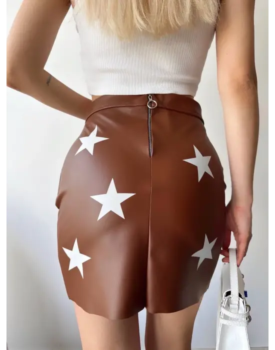 Yıldız baskılı deri etek kahve