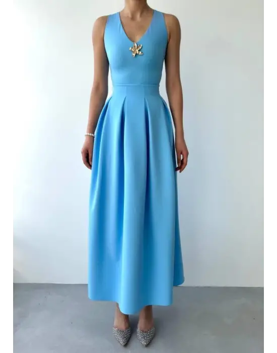 Omarı Yıldız Desenli Gece Elbisesi