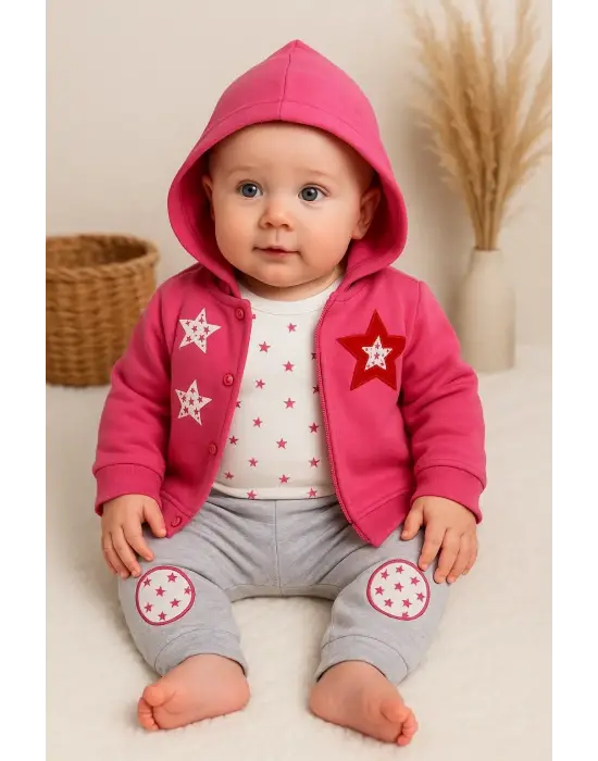 Yıldız Nakışlı Kapişonlu Kız Bebek Takımı