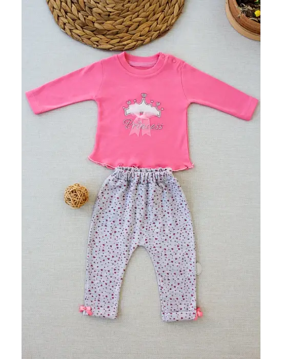 Omarı Fuşya Bebek Takımı Uzun Kollu Sweat Şapkalı 3lü Set