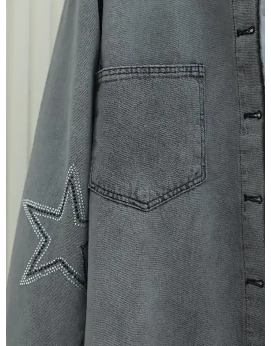 Yıldız Taş Baskılı Çift Cepli Kot Ceket -Füme