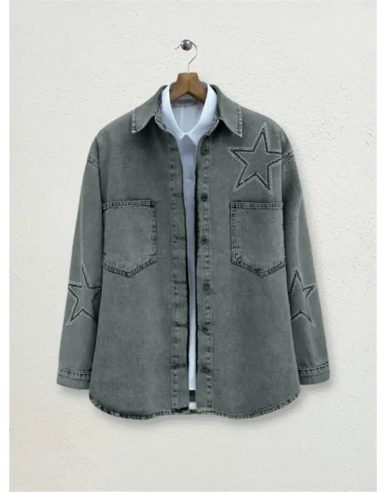 Yıldız Taş Baskılı Çift Cepli Kot Ceket -Füme