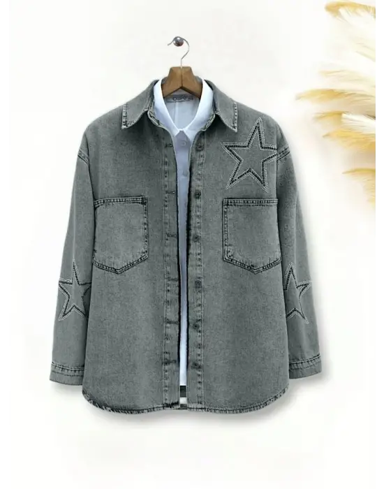 Yıldız Taş Baskılı Çift Cepli Kot Ceket -Füme