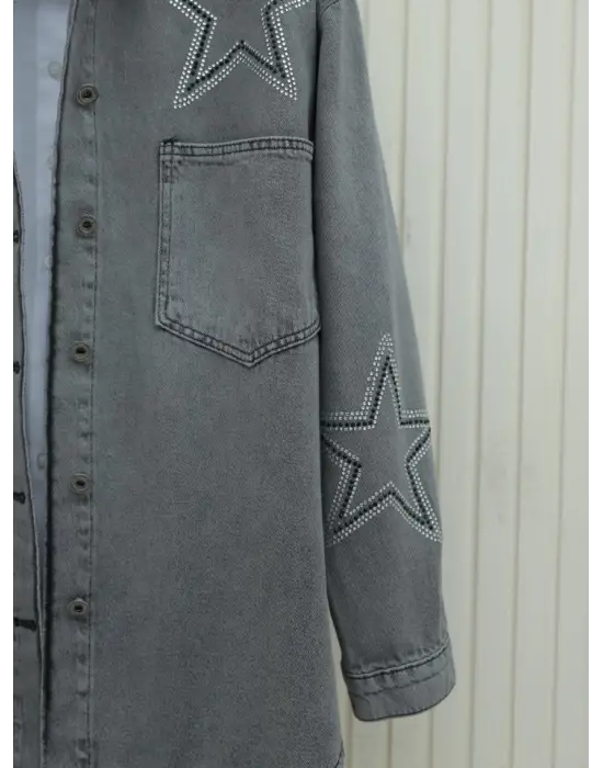 Yıldız Taş Baskılı Çift Cepli Kot Ceket -Füme
